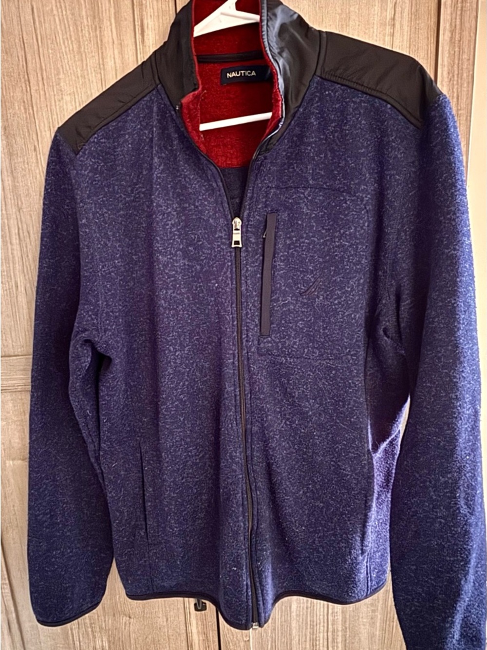 Nautica Men's Navy and Black Zip-Up Sweater Jacket with Red Lining